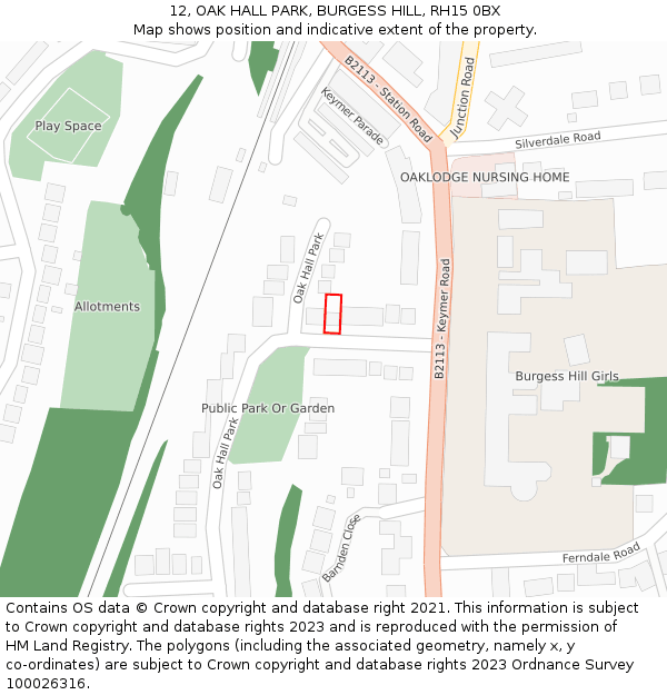 12, OAK HALL PARK, BURGESS HILL, RH15 0BX: Location map and indicative extent of plot