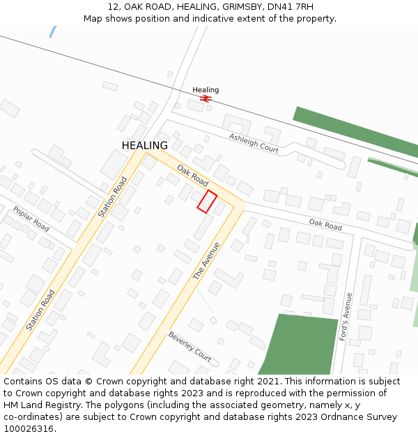 12, OAK ROAD, HEALING, GRIMSBY, DN41 7RH: Location map and indicative extent of plot