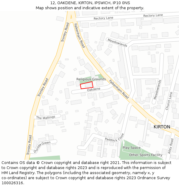 12, OAKDENE, KIRTON, IPSWICH, IP10 0NS: Location map and indicative extent of plot