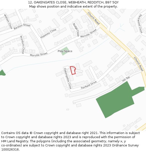 12, OAKENGATES CLOSE, WEBHEATH, REDDITCH, B97 5QY: Location map and indicative extent of plot