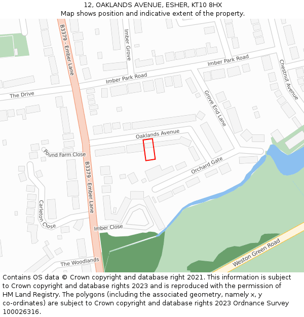 12, OAKLANDS AVENUE, ESHER, KT10 8HX: Location map and indicative extent of plot