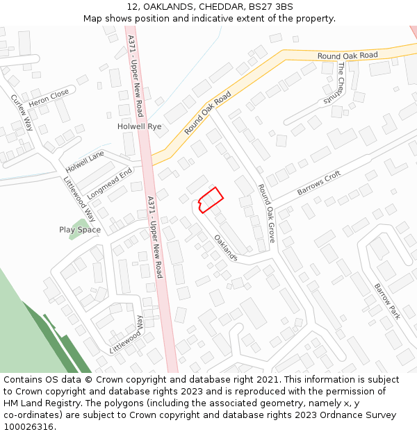 12, OAKLANDS, CHEDDAR, BS27 3BS: Location map and indicative extent of plot