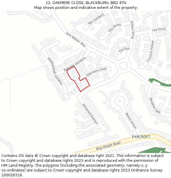 12, OAKMERE CLOSE, BLACKBURN, BB2 4TN: Location map and indicative extent of plot