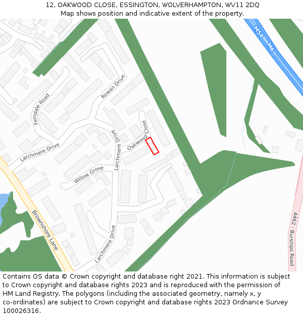 12, OAKWOOD CLOSE, ESSINGTON, WOLVERHAMPTON, WV11 2DQ: Location map and indicative extent of plot