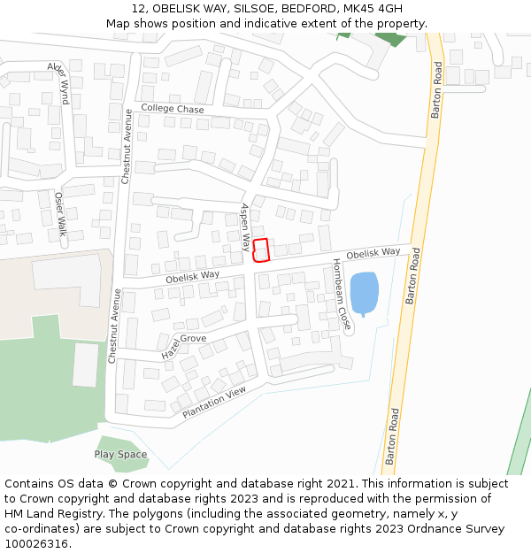 12, OBELISK WAY, SILSOE, BEDFORD, MK45 4GH: Location map and indicative extent of plot