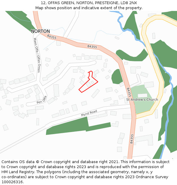 12, OFFAS GREEN, NORTON, PRESTEIGNE, LD8 2NX: Location map and indicative extent of plot