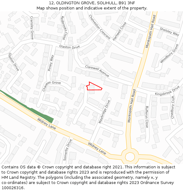 12, OLDINGTON GROVE, SOLIHULL, B91 3NF: Location map and indicative extent of plot