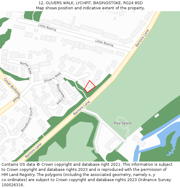 12, OLIVERS WALK, LYCHPIT, BASINGSTOKE, RG24 8SD: Location map and indicative extent of plot