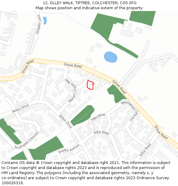 12, OLLEY WALK, TIPTREE, COLCHESTER, CO5 0FG: Location map and indicative extent of plot