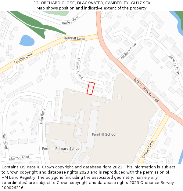 12, ORCHARD CLOSE, BLACKWATER, CAMBERLEY, GU17 9EX: Location map and indicative extent of plot