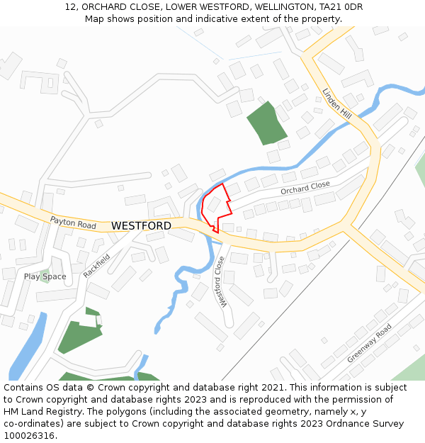 12, ORCHARD CLOSE, LOWER WESTFORD, WELLINGTON, TA21 0DR: Location map and indicative extent of plot