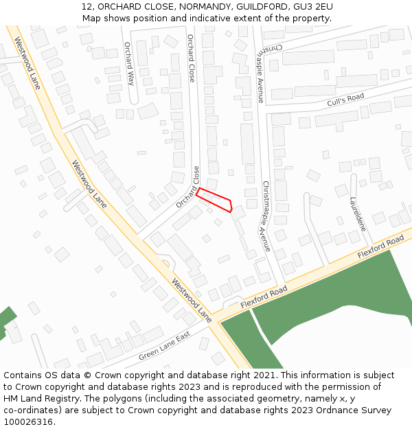 12, ORCHARD CLOSE, NORMANDY, GUILDFORD, GU3 2EU: Location map and indicative extent of plot