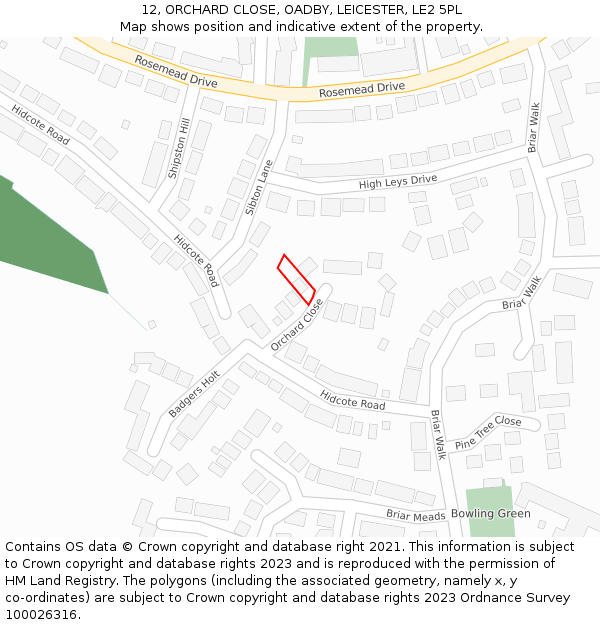 12, ORCHARD CLOSE, OADBY, LEICESTER, LE2 5PL: Location map and indicative extent of plot