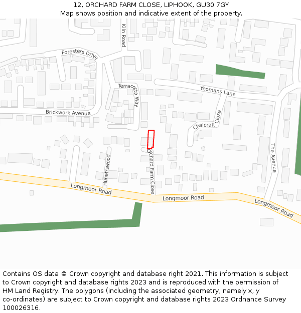12, ORCHARD FARM CLOSE, LIPHOOK, GU30 7GY: Location map and indicative extent of plot