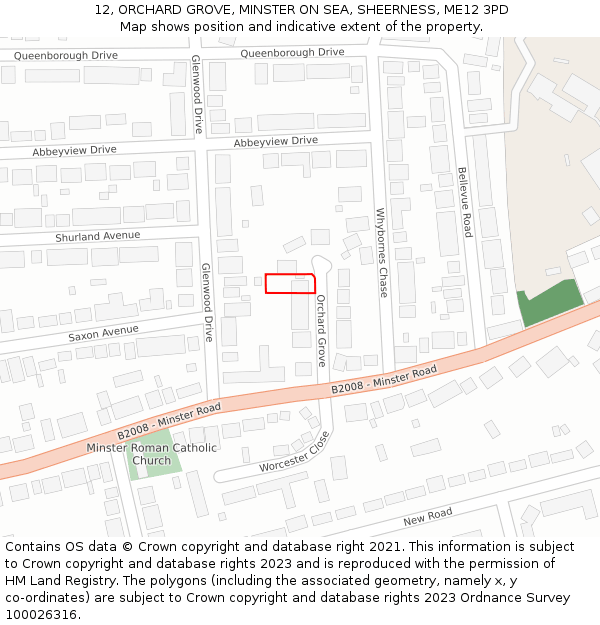 12, ORCHARD GROVE, MINSTER ON SEA, SHEERNESS, ME12 3PD: Location map and indicative extent of plot