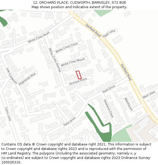 12, ORCHARD PLACE, CUDWORTH, BARNSLEY, S72 8GE: Location map and indicative extent of plot