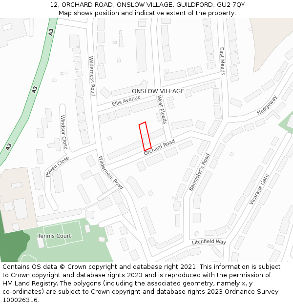 12, ORCHARD ROAD, ONSLOW VILLAGE, GUILDFORD, GU2 7QY: Location map and indicative extent of plot