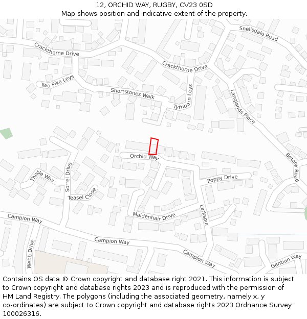 12, ORCHID WAY, RUGBY, CV23 0SD: Location map and indicative extent of plot