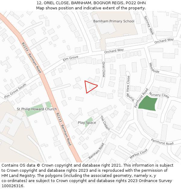 12, ORIEL CLOSE, BARNHAM, BOGNOR REGIS, PO22 0HN: Location map and indicative extent of plot