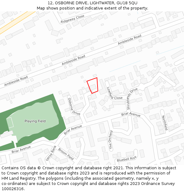 12, OSBORNE DRIVE, LIGHTWATER, GU18 5QU: Location map and indicative extent of plot