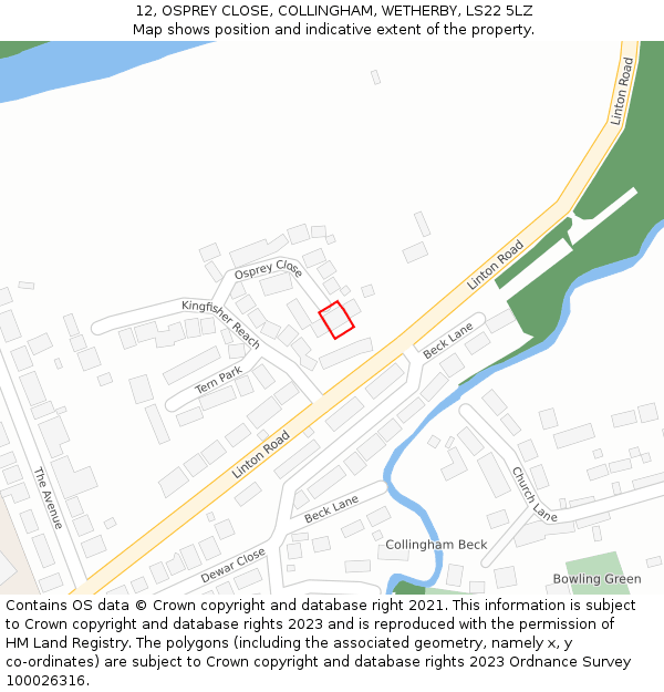 12, OSPREY CLOSE, COLLINGHAM, WETHERBY, LS22 5LZ: Location map and indicative extent of plot