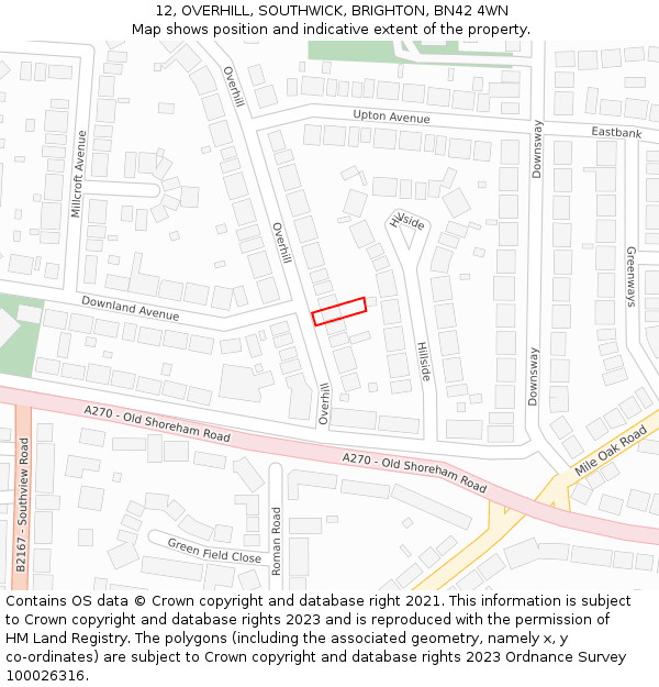 12, OVERHILL, SOUTHWICK, BRIGHTON, BN42 4WN: Location map and indicative extent of plot