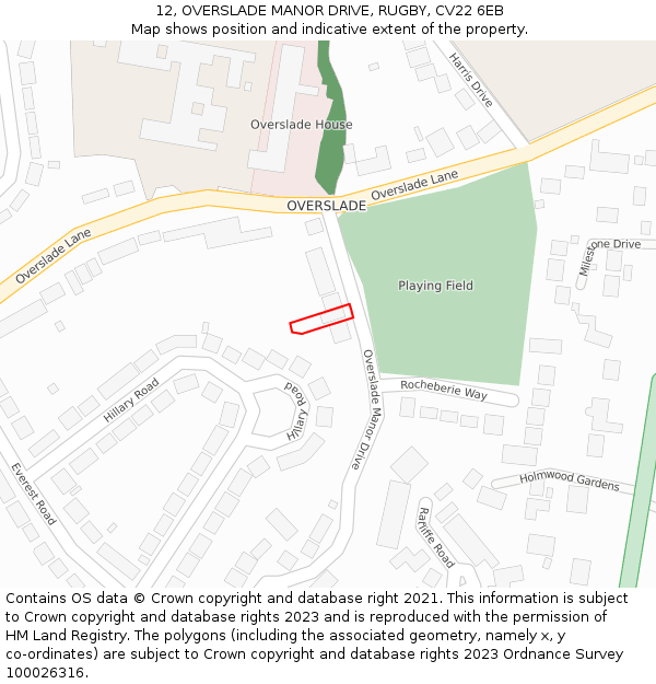 12, OVERSLADE MANOR DRIVE, RUGBY, CV22 6EB: Location map and indicative extent of plot