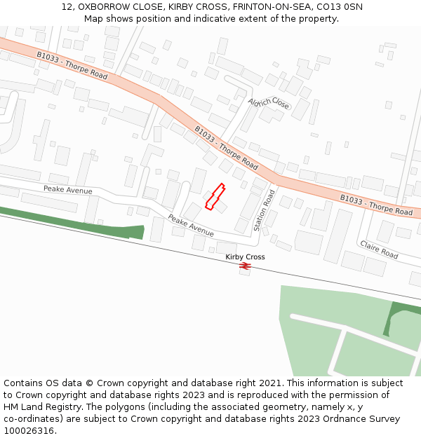 12, OXBORROW CLOSE, KIRBY CROSS, FRINTON-ON-SEA, CO13 0SN: Location map and indicative extent of plot