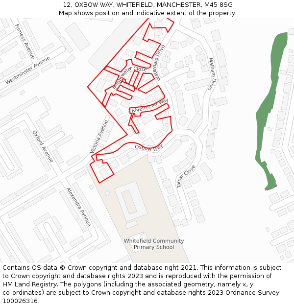12, OXBOW WAY, WHITEFIELD, MANCHESTER, M45 8SG: Location map and indicative extent of plot