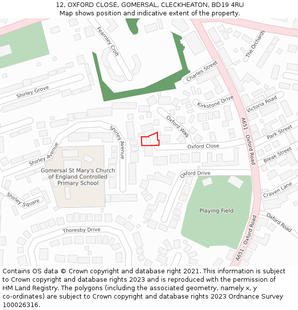 12, OXFORD CLOSE, GOMERSAL, CLECKHEATON, BD19 4RU: Location map and indicative extent of plot