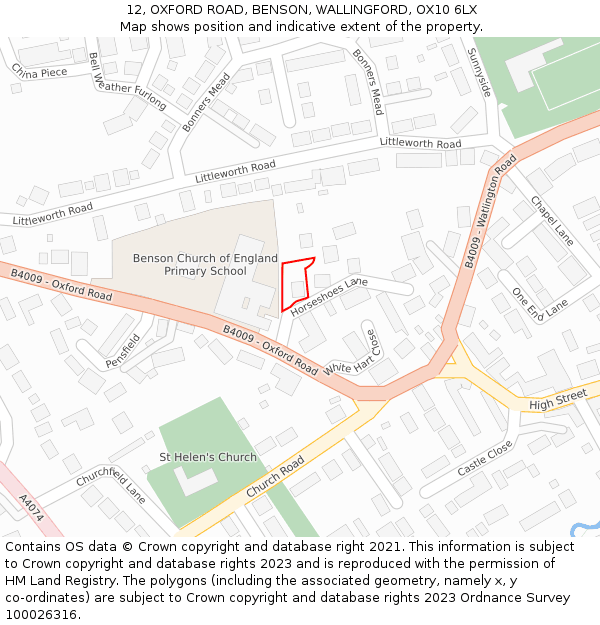 12, OXFORD ROAD, BENSON, WALLINGFORD, OX10 6LX: Location map and indicative extent of plot