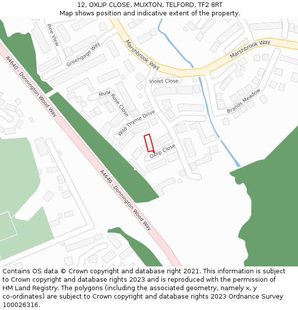 12, OXLIP CLOSE, MUXTON, TELFORD, TF2 8RT: Location map and indicative extent of plot