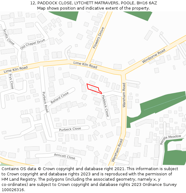 12, PADDOCK CLOSE, LYTCHETT MATRAVERS, POOLE, BH16 6AZ: Location map and indicative extent of plot