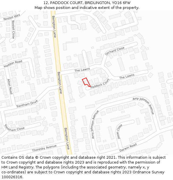 12, PADDOCK COURT, BRIDLINGTON, YO16 6FW: Location map and indicative extent of plot