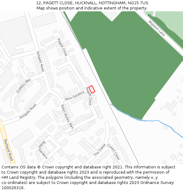 12, PAGETT CLOSE, HUCKNALL, NOTTINGHAM, NG15 7US: Location map and indicative extent of plot