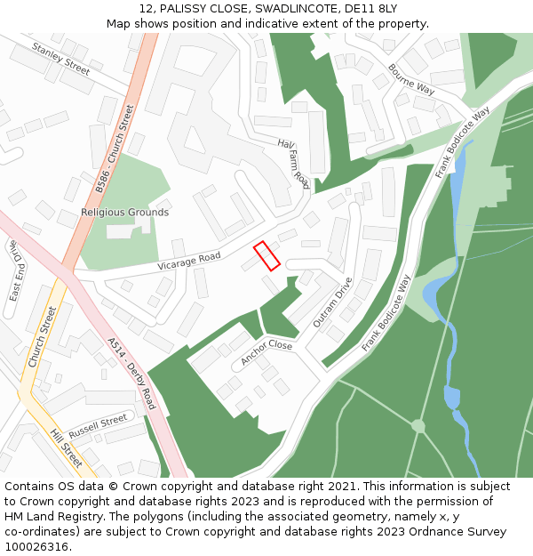 12, PALISSY CLOSE, SWADLINCOTE, DE11 8LY: Location map and indicative extent of plot