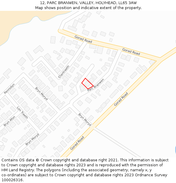 12, PARC BRANWEN, VALLEY, HOLYHEAD, LL65 3AW: Location map and indicative extent of plot