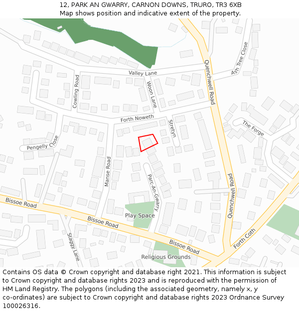 12, PARK AN GWARRY, CARNON DOWNS, TRURO, TR3 6XB: Location map and indicative extent of plot