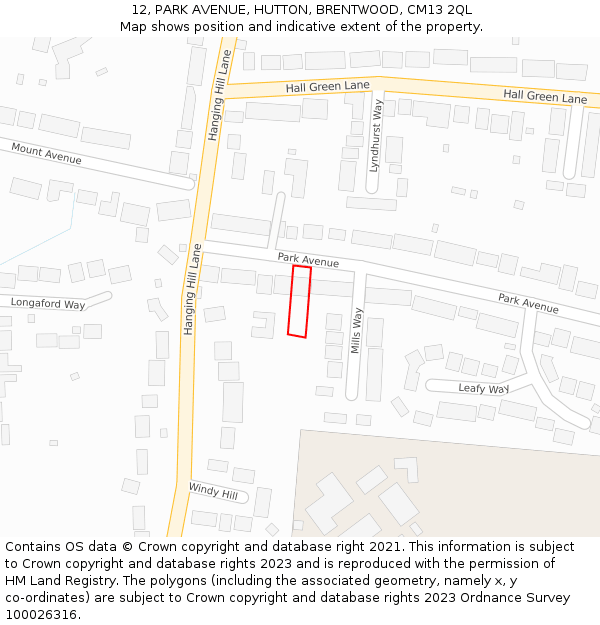 12, PARK AVENUE, HUTTON, BRENTWOOD, CM13 2QL: Location map and indicative extent of plot