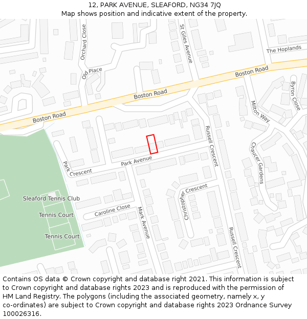 12, PARK AVENUE, SLEAFORD, NG34 7JQ: Location map and indicative extent of plot