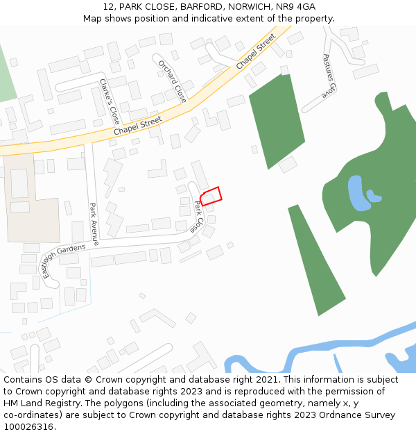 12, PARK CLOSE, BARFORD, NORWICH, NR9 4GA: Location map and indicative extent of plot