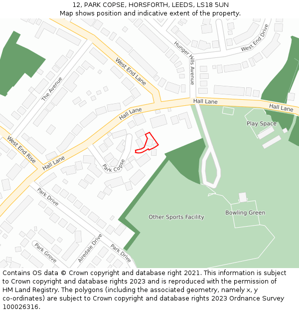 12, PARK COPSE, HORSFORTH, LEEDS, LS18 5UN: Location map and indicative extent of plot