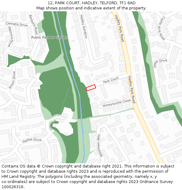 12, PARK COURT, HADLEY, TELFORD, TF1 6AD: Location map and indicative extent of plot