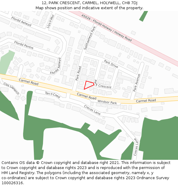 12, PARK CRESCENT, CARMEL, HOLYWELL, CH8 7DJ: Location map and indicative extent of plot