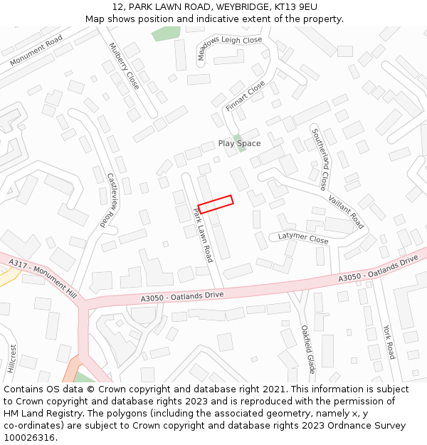 12, PARK LAWN ROAD, WEYBRIDGE, KT13 9EU: Location map and indicative extent of plot