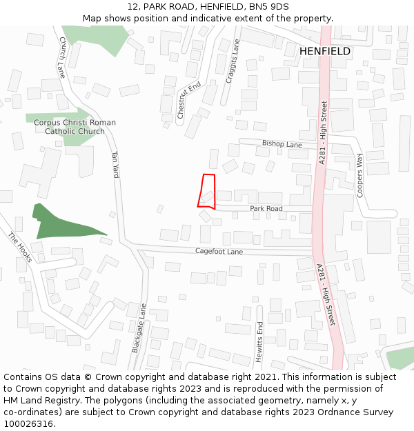 12, PARK ROAD, HENFIELD, BN5 9DS: Location map and indicative extent of plot