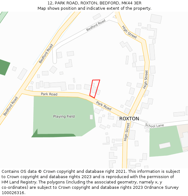 12, PARK ROAD, ROXTON, BEDFORD, MK44 3ER: Location map and indicative extent of plot