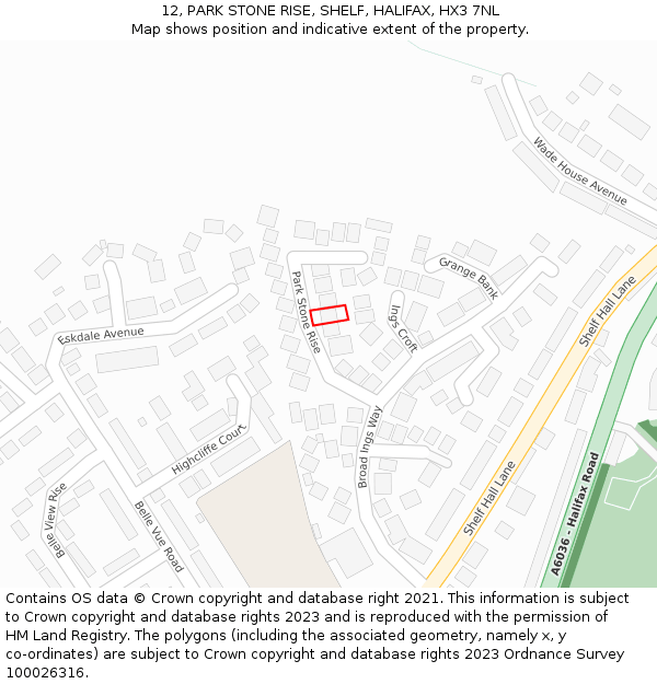 12, PARK STONE RISE, SHELF, HALIFAX, HX3 7NL: Location map and indicative extent of plot