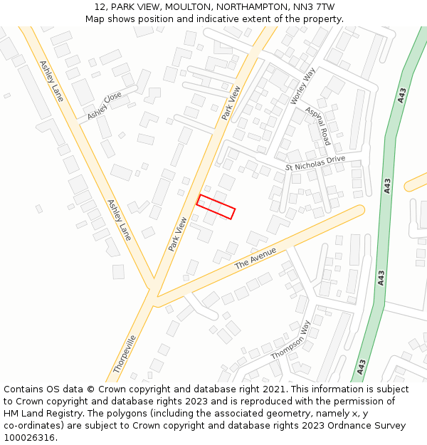 12, PARK VIEW, MOULTON, NORTHAMPTON, NN3 7TW: Location map and indicative extent of plot