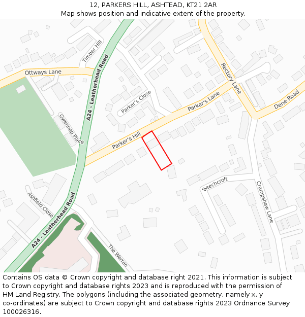 12, PARKERS HILL, ASHTEAD, KT21 2AR: Location map and indicative extent of plot